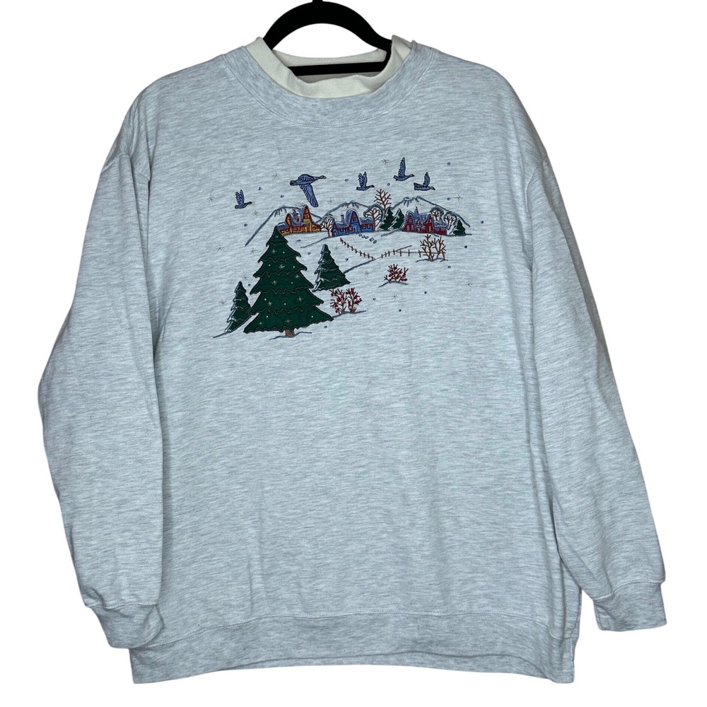 Bobbie‎ Brooks 90s XL Gray Embroidered Winter Village Crewneck Sweatshirt VTG